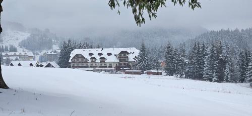 a house covered in snow in front of trees at Aparmánový dom Kamzík,Apartmán 42,Donovaly in Donovaly