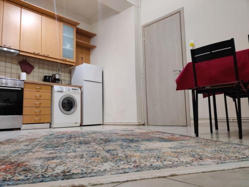 a kitchen with a refrigerator and a washing machine at Amalias - city oasis in Thessaloniki