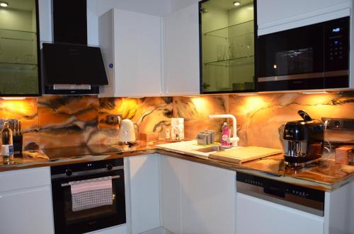 a kitchen with a counter top with a sink at Gemütliche Apartment Lucky und Lucky de Luxe in Bremerhaven