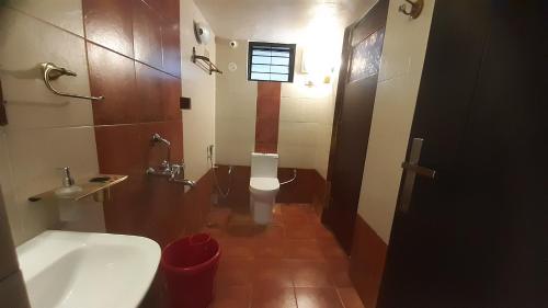 een badkamer met een wit toilet en een wastafel bij Tiny house for couple in Madikeri