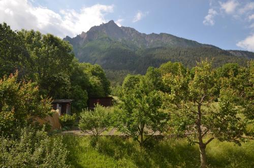 una vista de una montaña desde un campo con árboles en Grosse, schöne Wohnung im Grünen, en Brig