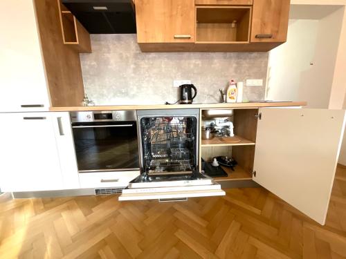 a kitchen with a counter with a dishwasher at Apartmán č.3 v bankovním domě in Kutná Hora