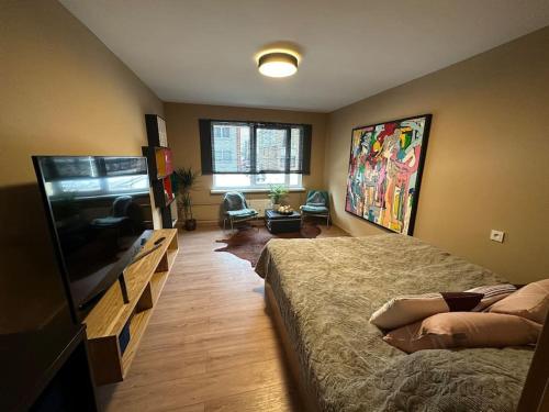 a bedroom with a bed and a flat screen tv at Business and getaway in Jelgava