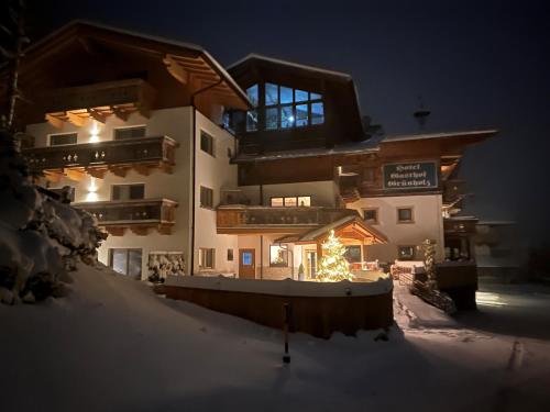 Um edifício com uma árvore de Natal à frente. em Das Grünholz Aparthotel em Mühlbach am Hochkönig