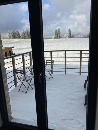 una vista da una porta di un portico con neve al suolo di Au p'tit cachot (Gîte insolite) a Vaux-sur-Sûre