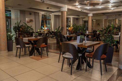 ein Restaurant mit Tischen, Stühlen und Pflanzen in der Unterkunft Hotel Szelców in Lesko