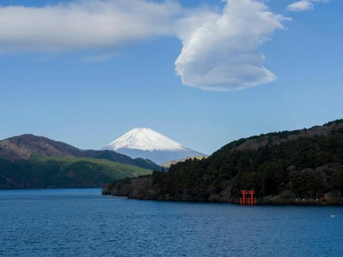 una montaña en el fondo de un lago con un objeto rojo en Rakuten STAY FUJIMI TERRACE Hakone Ashinoko, en Hakone