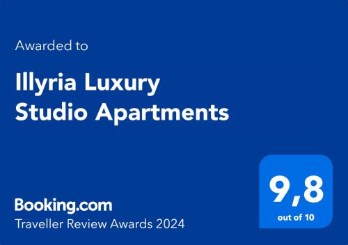 Illyria Luxury Studio Apartments tesisinde sergilenen bir sertifika, ödül, işaret veya başka bir belge