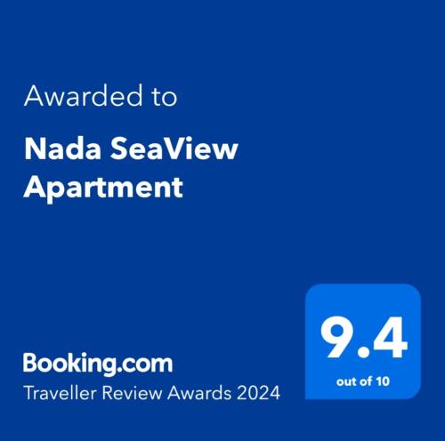 Сертифікат, нагорода, вивіска або інший документ, виставлений в Nada SeaView Apartment