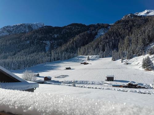 un pendio coperto di neve con alberi e una montagna di Apart Bergglück a Sankt Leonhard im Pitztal