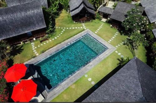 widok na basen w ogrodzie w obiekcie Villa Ellya w Kuta Lombok