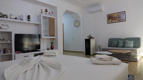 un soggiorno bianco con divano e TV di Kiri S.Apartaments a Sarandë