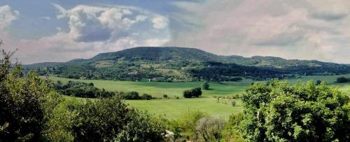 a green field with a mountain in the background at Kadosa Jurta Apartman in Esztergom