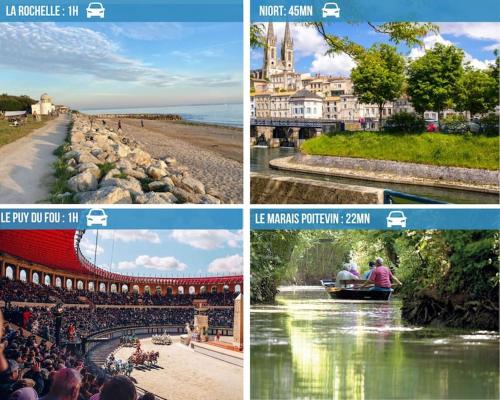 un collage de photos avec les gens dans un bateau sur une rivière dans l'établissement LA FEUILLERAIE N2-Standingappart-Wifi-Proche ville, à Fontenay-le-Comte