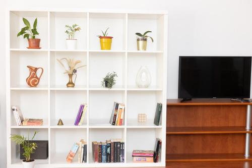 ein weißes Bücherregal mit Pflanzen und einem TV in der Unterkunft Shared Retro Vintage Luxury Apartment in Bukarest