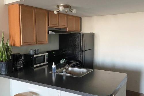 cocina con fregadero y nevera negra en 420 Friendly Downtown Loft KING suite FREE parking, en Detroit