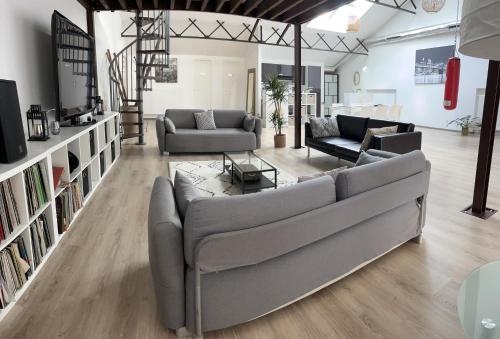 un soggiorno con 2 divani e una TV di Loft & Spa LE FAUBOURG SAINT MARTIN a Senlis