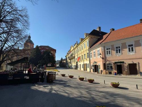 een lege straat in een stad met gebouwen bij DANA GUEST HOUSE in Sremski Karlovci