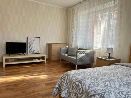 1 dormitorio con 1 cama, TV y silla en Imantas apartment, en Daugavpils