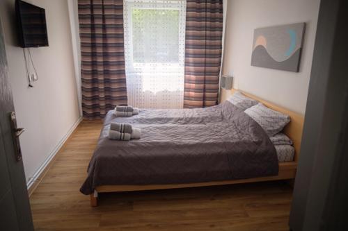 1 dormitorio con 1 cama, ventana y TV en Kincses Vendégház, en Senta