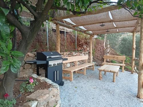 a grill and a bench under a wooden pergola at Ελαιώνας - Solar Energy House in Chorefto