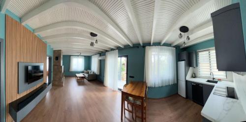 een woonkamer met blauwe muren en een wit plafond bij Azur Hotel in Cıralı