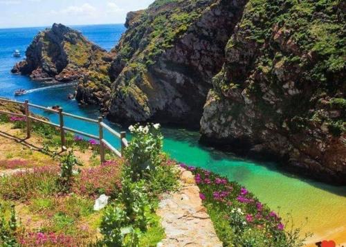 vistas a un río con flores en un acantilado en Furnaka Eco Village, en Lourinhã