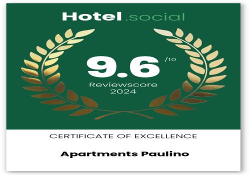 Un certificat, premiu, logo sau alt document afișat la Apartments Paulino