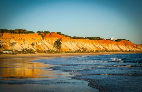 een zandstrand met golven en een klif bij Apartamentos Atlantico by OA in Albufeira