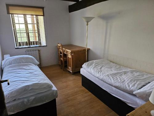 um quarto com 2 camas, uma secretária e uma janela em Penzion Šiškův mlýn 