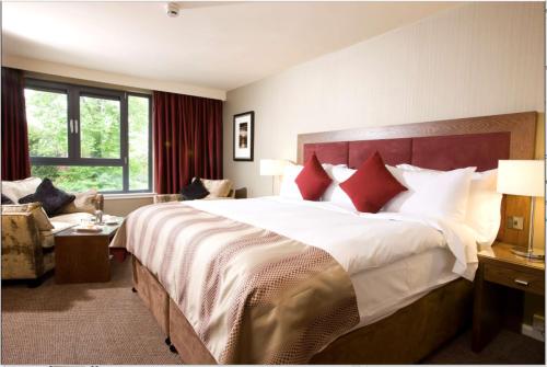 1 dormitorio grande con 1 cama grande con almohadas rojas en The Riverside, en Salisbury