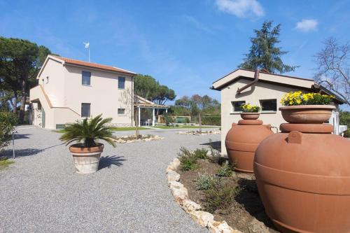 una casa con tre grandi vasi di fiori in un vialetto di Casale Lorenzo Appartamenti a Orbetello