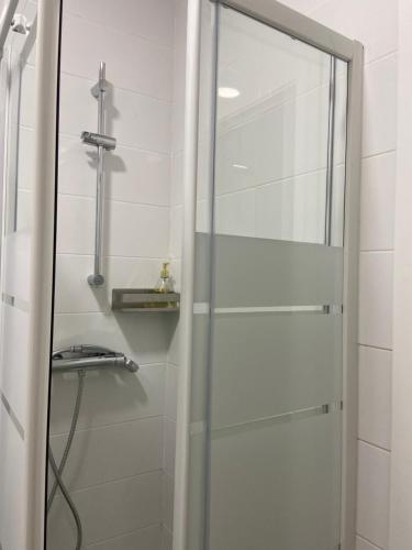 a shower with a glass door in a bathroom at calle mayor in Alcalá de Henares