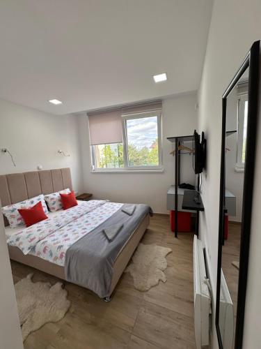 1 dormitorio con 1 cama con almohadas rojas y TV en Ravne Energy Apartments, en Visoko