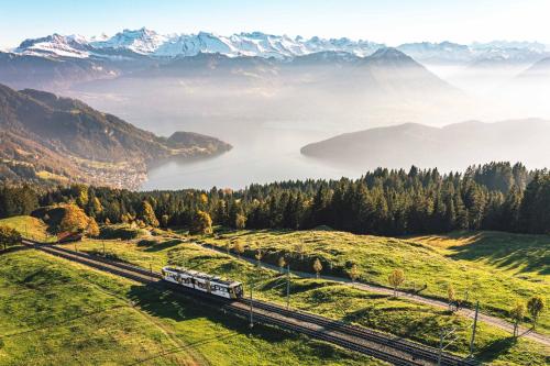 un tren en las vías en un valle con montañas en Rigi Kaltbad Swiss Quality Hotel, en Rigi Kaltbad