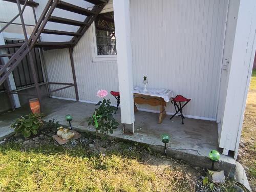 een patio met een tafel en een bloem erop bij Casa de vacanta Balan in Prundul Bîrgăului