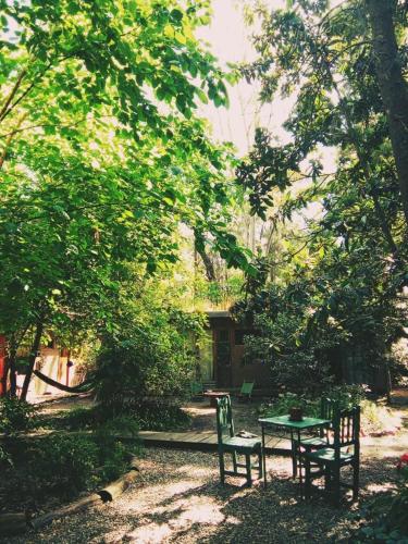 einen Picknicktisch und eine Bank in einem Park in der Unterkunft Eco habitación en Tierra Fértil Eco Posada in Santa Ana