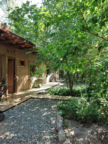 einen Garten vor einem Haus mit einem Baum in der Unterkunft Eco habitación en Tierra Fértil Eco Posada in Santa Ana