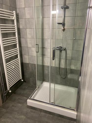 una doccia con porta in vetro in bagno di Hotel Kalloni a Volos