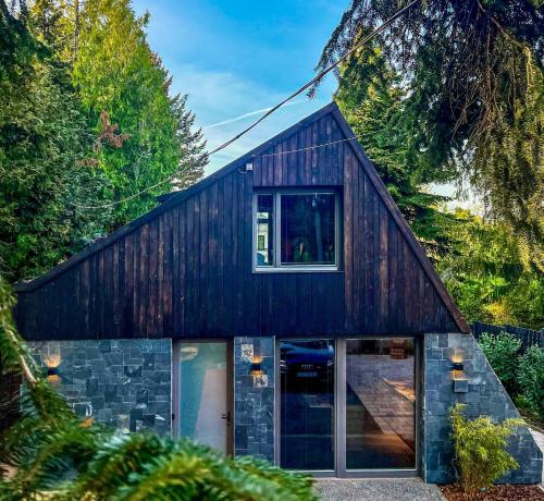 uma casa de estilo celeiro com uma parede de pedra em A85 Balaton em Balatonföldvár