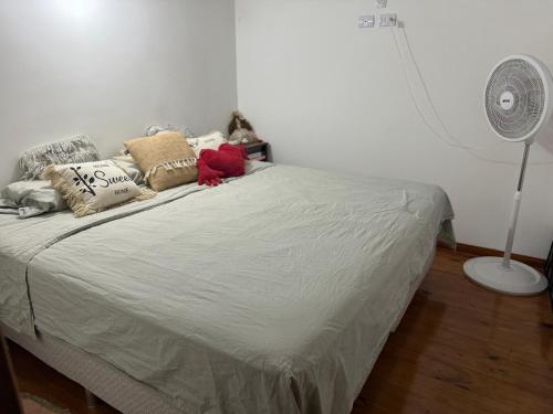 a bedroom with a bed with pillows and a fan at Dpto. Excelente acceso, cercano a estadio. in Ciudadela