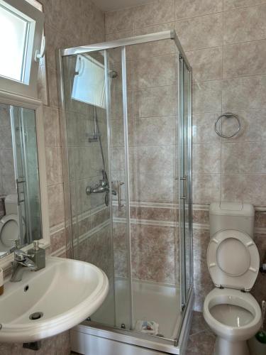 a bathroom with a shower and a toilet and a sink at Apartments Perina in Tisno