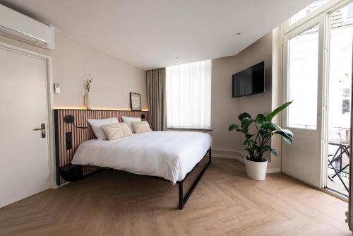 een slaapkamer met een groot bed en een potplant bij Stadsherberg de Poshoorn in Maastricht