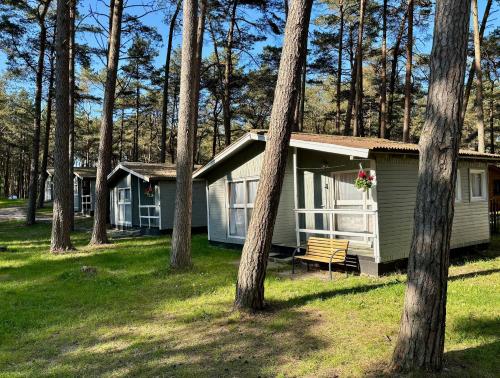 ein Haus im Wald mit einer Bank davor in der Unterkunft Leśna Przystań in Pobierowo