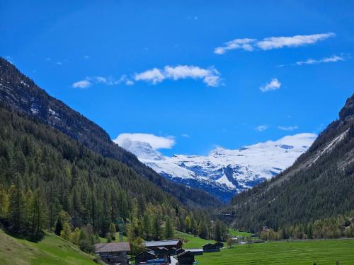 een vallei in de bergen met besneeuwde bergen bij Apartment Klein Matterhorn - Haus Miranda in Täsch