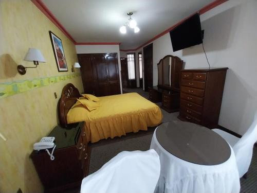 um quarto de hotel com uma cama e uma televisão em Paola Hostal em Sucre