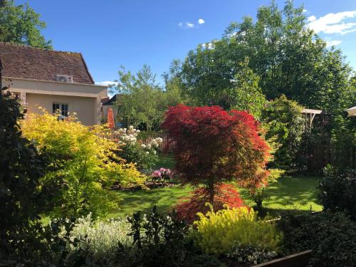 um jardim com plantas coloridas e uma casa em Riverside Lodge em Chablis