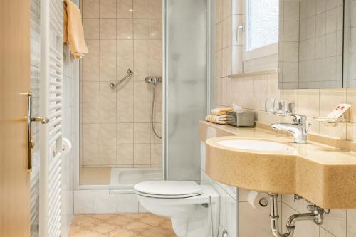 La salle de bains est pourvue de toilettes, d'une douche et d'un lavabo. dans l'établissement Stumbergers Hotel, à Cochem