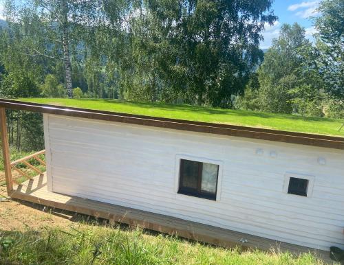 un gran edificio blanco con techo de hierba en Obriyslavsko, en Slavske