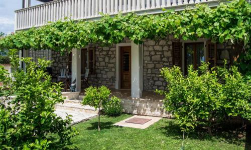 ein Steinhaus mit einem Haufen Bäume davor in der Unterkunft Apartment Derossi in Umag